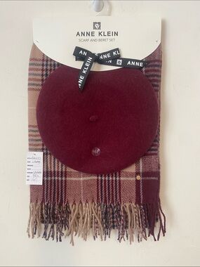 Anne Klein Wine Red Beret with Plaid Scarf Set